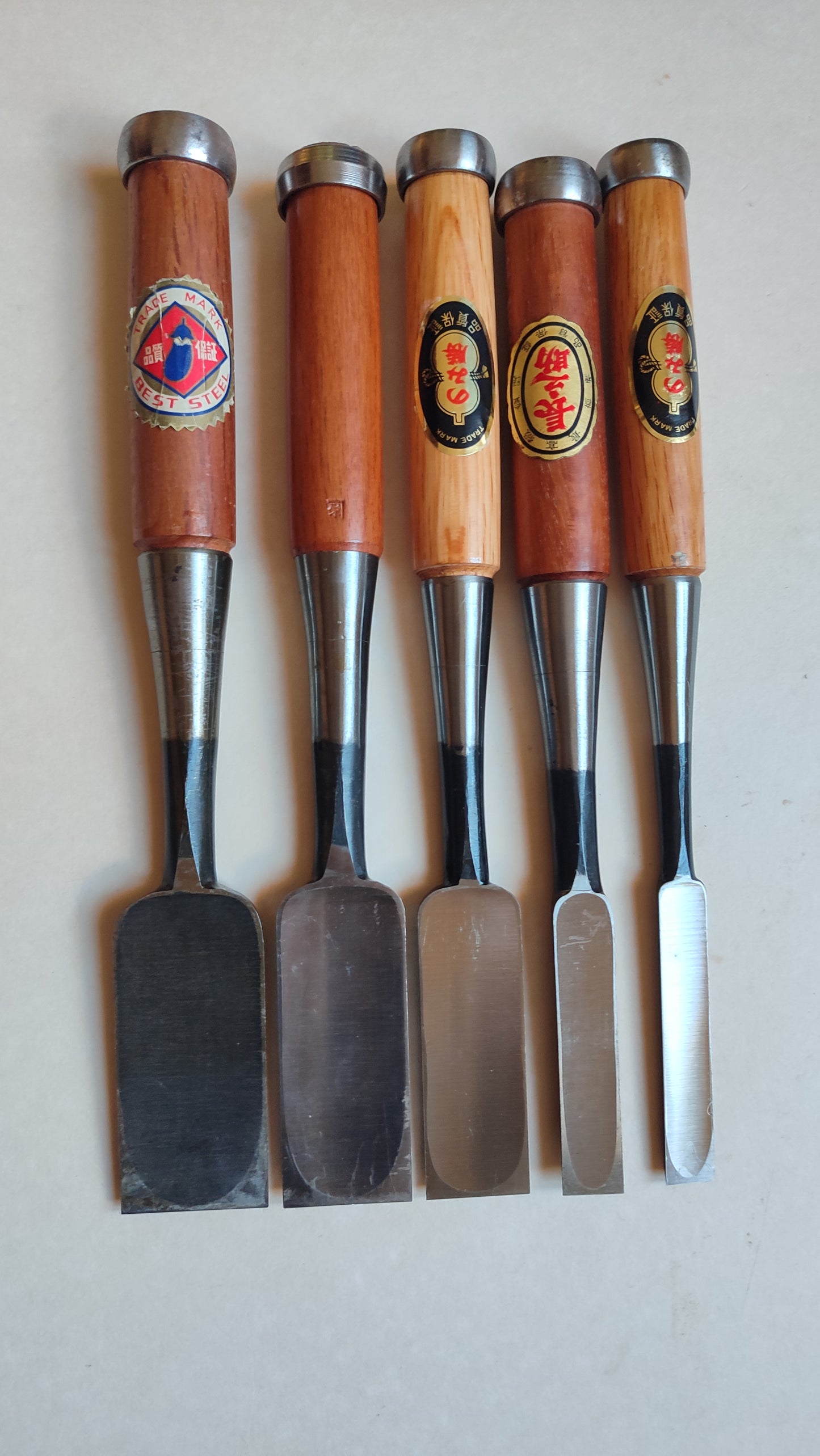 Set Varié de 5 Ciseau Japonais Vintage "Tataki Nomi" 15, 18, 30, 36, 42mm