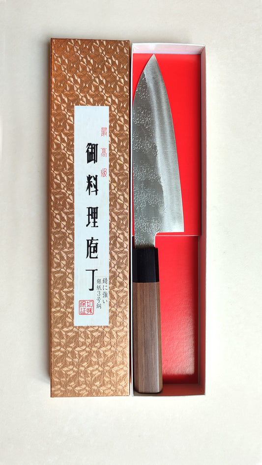 Magnifique couteau de cuisine japonais "Santoku" 165mm acier Ginsanl "Okeya"
