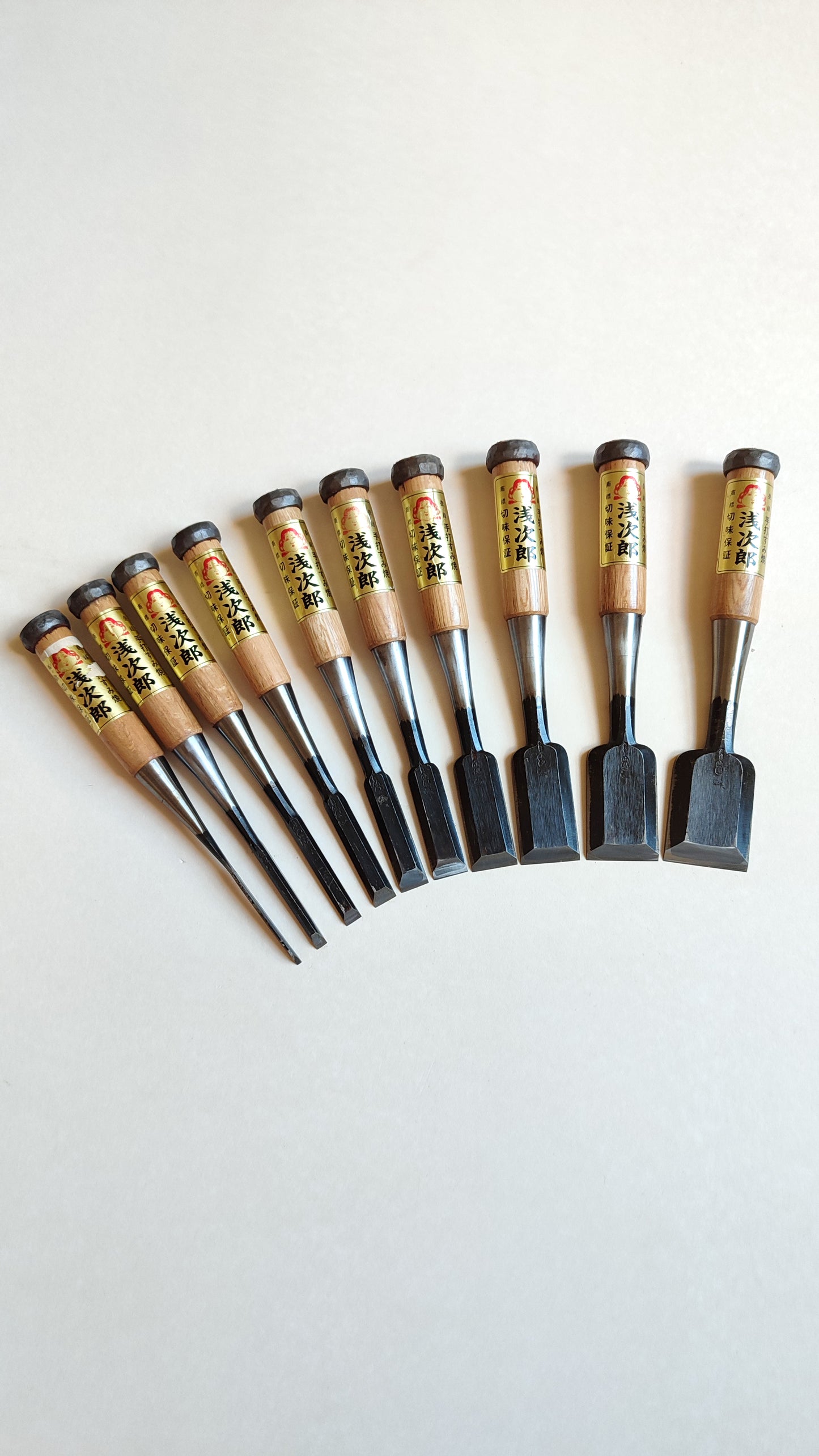 Rare set de ciseaux japonais "Oire Nomi" 3, 6, 9, 12, 15, 18, 24, 30, 36, 42mm "Yamahiro"